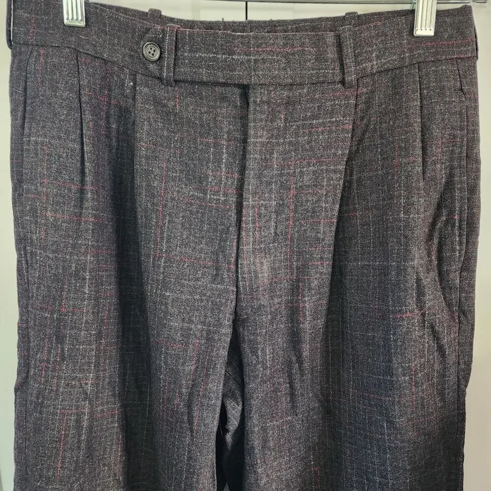 Frank Stella Mens Pure Wool Gray Cuff Hem Straight Leg Striped Plaid Pants 30